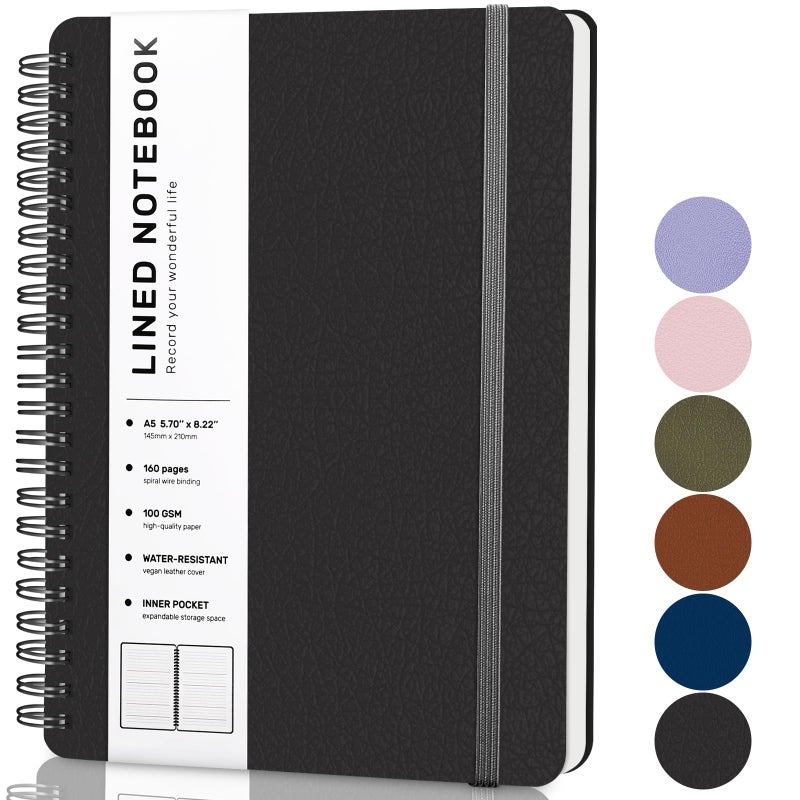 LACCHOUFEE Lined Spiral Journal Notebook  A5 Hardcover Leather Notebook for Work  5.7''?8.2''  100GSM Thick Paper Spiral Bound Journaling Notebooks for Women & Men Office School Note Taking Business  Black - Image 1